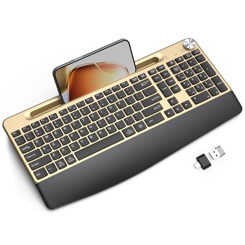 GAMCATZ Ergonomic Wireless Keyboard with Wrist Rest-Low-Profile,Phone/Tablet Holder,Quiet Design，Windows & Mac OS，Full Size Cordless USB Computer Keyboard for Desktop,Laptop, PC, Mac, Windows-Black - color: 4-Gold Black