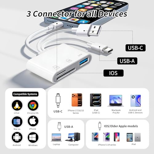 3IN3 SD Card Reader,USB C SD Card Reader,supports SD and MicroSD memory card adapter(includes USB A female port),compatible with flash drives,iPhone 15/16,MacBook,Mac,Trail Camera viewer,Plug and play - size: 3IN3 SD Card Reader