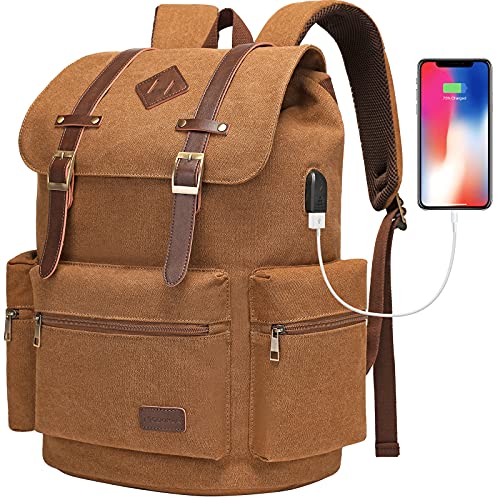 Modoker Mens Canvas Vintage Backpack for Men,Women, Travel Laptop Backpack Fits 17/15.6 Inch Computer & Tablet, Large Bookbag Rucksack Backpack with USB Charging Port, Brown | Eco-friendly canvas backpack with durable construction. Comfortable straps for