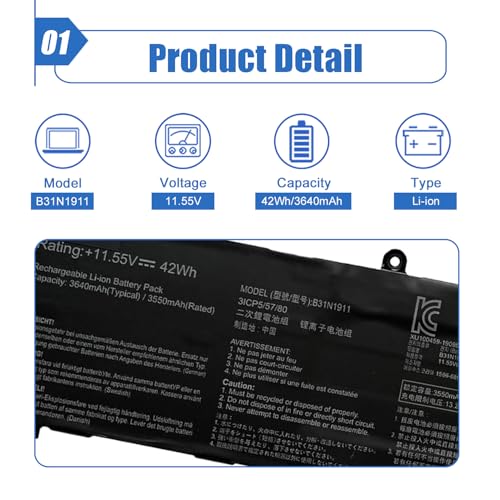 42Wh B31N1911 Battery Replacement for ASUS VivoBook Flip 14 TM420IA M413 M413DA TM420IA F413 K413 X413 Series Laptop C31N1911 0B200-03580000 0B200-03750000 B0B200-03580300 11.55V 3640mAh - size: 11.1*3.02*0.24 inch B31N1911