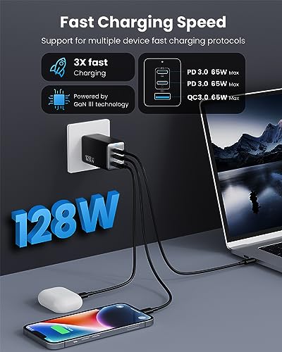 128W USB C Wall Charger,GaN III 3-Port Fast Charging Station,PD QC Foldable Charger Block Portable 65W Laptop Adapter for MacBook Pro/Air,iPad Pro,Galaxy S23,Dell XPS 13,iPhone 17/16/Pro etc - color: Black