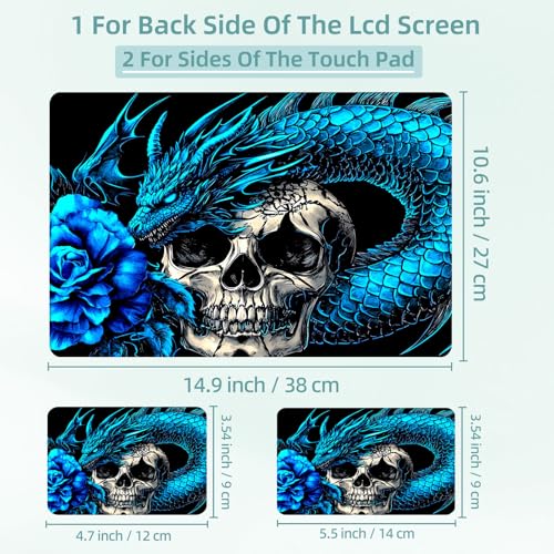 Universal Laptop Skin Decal, 3-Piece Vinyl Protector for 12 13 14 15.6" Notebook, Waterproof Anti-Scratch, Easy Trim & Bubble-Free Finish, Blue Dragon Skull Rose - color: Blue Dragon Skull Rose
