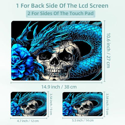 Universal Laptop Skin Decal, 3-Piece Vinyl Protector for 12 13 14 15.6" Notebook, Waterproof Anti-Scratch, Easy Trim & Bubble-Free Finish, Blue Dragon Skull Rose - color: Blue Dragon Skull Rose