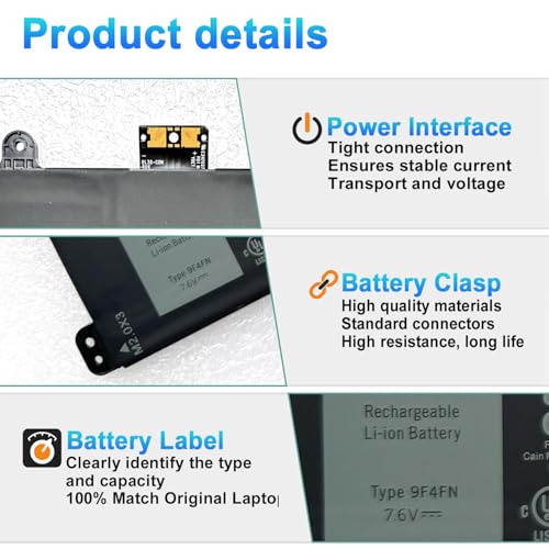 9F4FN 40Wh Battery Replacement for Dell Latitude 7320 Detachable Inspiron 14 3420 Series Notebook 09F4FN 2VKW9 8PK6G - size: 10.43*3.15*0.79inch 9F4FN