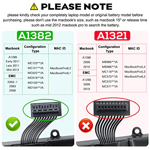 A1382 A1286 Laptop Battery for 15 inch MacBook Pro 8,2 9,1 MacBook Pro Battery A1286 (Mid 2012 Early 2011 Late 2011) MC721LL/A, MC723LL/A, MD035LL/A, MD318LL/A, MD322LL/A, MD103LL/A, MD104LL/A - size: 11.13*2.7*0.3inch A1382