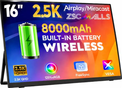 16" 2.5K Wireless Portable Monitor with Battery 8000mAh, 500 Nits HDR Display, 125% sRGB, USB-C / Mini HDMI External Travel Monitor, Auto Rotation, VESA Compatible for MacBook, iPhone, iPad, Windows - size: 16