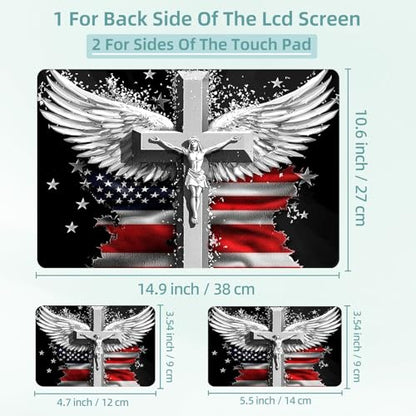 Universal Laptop Skin Decal, 3-Piece Vinyl Protector for 12 13 14 15.6" Notebook, Waterproof Anti-Scratch, Easy Trim & Bubble-Free Finish, Cross with Wings and an American Flag - color: Cross with Wings and an American Flag