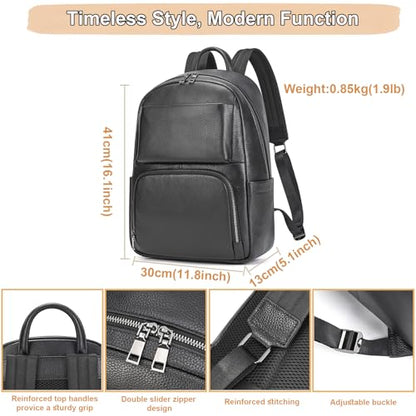 Genuine Leather 15.6 Inch Laptop Backpack for Men, Multi Pocket Casual Daypack Shoulder Bag for Business Travel Outdoor, Black - color: Black