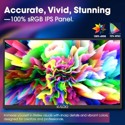Kado Portable Monitor 15.6 Inch 1080p 100% sRGB Ultra-Slim Gaming Display | Laptop Monitor 1920x1080 180° Kickstand, Carrying Case for PC, Mac, Phone, Dex, Xbox, PS5, USB-C & HDMI Connectivity - size: 100% sRGB
