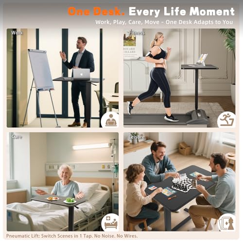 Adjustable Overbed Table with Wheels, Medical Bedside Table, Black | Alloy steel frame, 31.1"x15.3" walnut top, hydraulic 25.6-37.1", 50lb cap, C-base fits under bed, easy-clean, quiet casters - color: Black