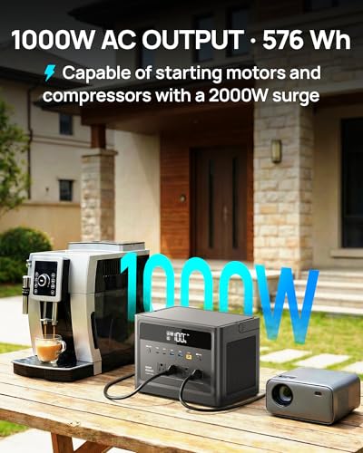 Portable Power Station 1000W, 576Wh Solar Generator 110V Pure Sine Wave AC Outlet with PD 100W USB-C Fast Charging, Power Bank Backup LiFePO4 Battery for Home Use Hurricane Emergency RVs (Peak 2000W) - color: Midnight Black