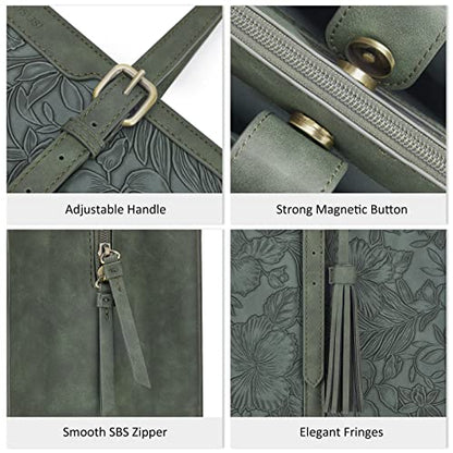 ECOSUSI Laptop Bag For Women 15.6 Inch Work Tote Bags PU Leather Computer Purse For Business Office With 3 Layer Compartments - color: Dark Green