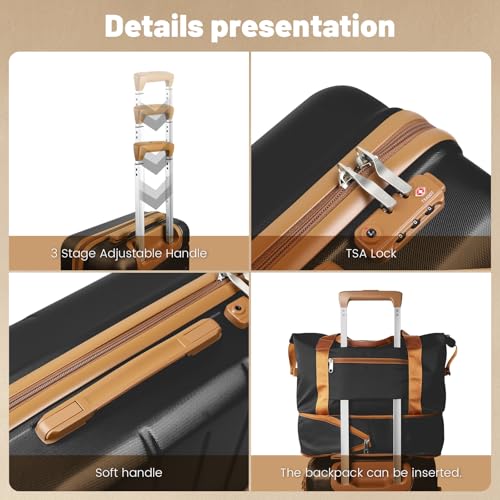 3-Piece Luggage Set with Carry On Luggage Set 22x14x9 Airline Approved, ABS Hardside Suitcase with 8 Spinner Wheels & TSA Lock, Expandable Suitcase for Men & Women (20/TB/DB Black) - color: Black, size: (20/DB/TB)-Expandable