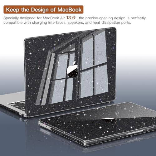 CISSOOK Black Glitter Case for MacBook Air 13.6 inch 2025 2024 2022 Release Model A3240 A3113 A2681, Sparkly Black Hard Shell Case with Keyboard Cover USB Adapter for MacBook Air 13 M2 M3 M4 | A3449 A3240 A3113 A2681, Sparkly Hard Shell Case Keyboard Cove