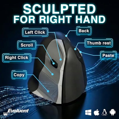 Evoluent – The World's Original Vertical Mouse – VMC Classic Wireless USB/Bluetooth Ergonomic Mouse Right Hand M-L, Sculpted Comfort, 4 Speeds, Non-Programmable Copy & Paste Buttons