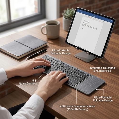 Foldable Keyboard, 2 in 1 3 Fold Wireless Bluetooth Keyboard with Touchpad and Numeric Keypad Portable Travel Rechargeable for Tablet, Laptop