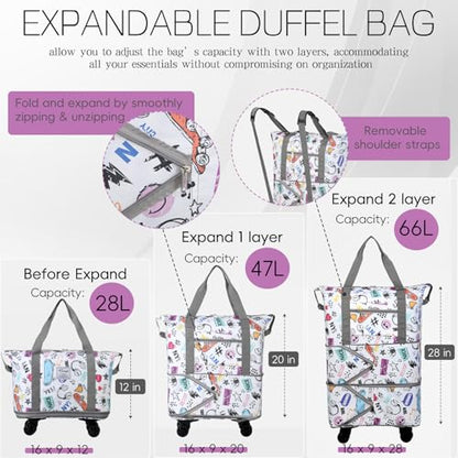 VOOWO Rolling Duffel Bag with Wheels - Foldable Expandable Duffle Bag with Wheels for Travel, Rolling Luggage Bag Carry On Bag with Wheel, Large Rolling Backpack Weekend Bag for Men Women (White) - color: White
