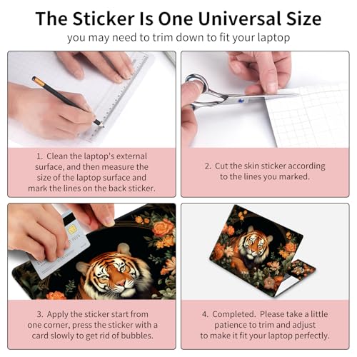 15.6 Inch Laptop Skin Sticker, Reusable Vinyl Cover Protector with 2 Wrist Pad Skins, Removable Waterproof Scratch-Resistant for 12-15.6 Inch Laptop Notebook,Tiger and Flowers - color: Tiger and Flowers