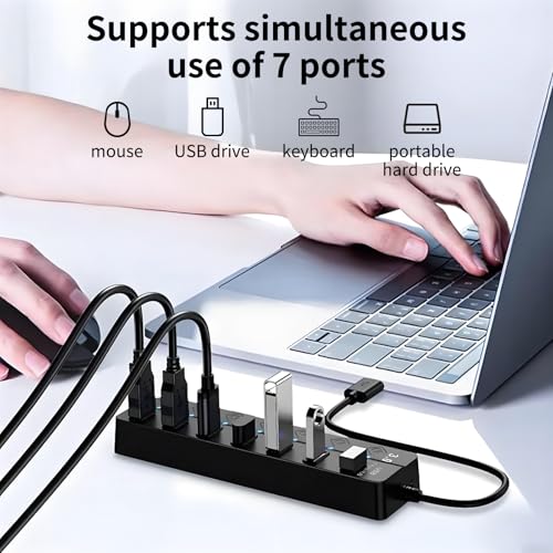 USB Hub 3.0, 7-Port USB Hub Splitter with Individual On/Off Switches and Lights, 3.2ft/1m Long Cable Compatible with MacBook/Laptop/Surface Pro/PS4/PC/Flash Drive/Mobile HDD