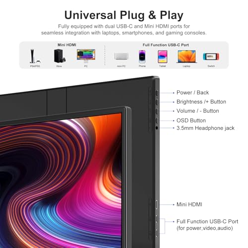 Portable Monitor 14 Inch 1200P USB-C HDMI Ultra-Slim Travel Monitor with Kickstand, Compatible with Xbox, Laptop, PC, Mac Phone, PS, Swich IPS Ultra-Thin Zero Frame Gaming Monitor - size: 14" 1200P
