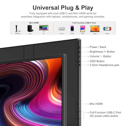Portable Monitor 14 Inch 1200P USB-C HDMI Ultra-Slim Travel Monitor with Kickstand, Compatible with Xbox, Laptop, PC, Mac Phone, PS, Swich IPS Ultra-Thin Zero Frame Gaming Monitor - size: 14" 1200P