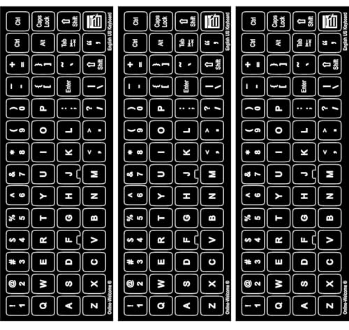 English US Self-Adheisive 3 Pack Keyboard Stickers Black Background Label Shortcut Decal for Computer Laptop