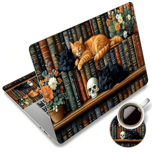 Laptop Skin Sticker Decal 12"-15.6" Universal Laptop/Notebook/Netbook Vinyl - Waterproof Scratch Resistant,Fits HP Dell Lenovo MacBook,2 Free Wrist Pads,Easy Apply & Remove,Cute Cat Bookshelf - color: Cute Cat Bookshelf