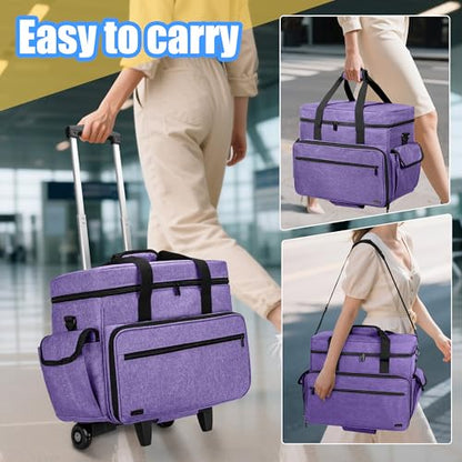 Teamoy Rolling Scrapbook Tote, Craft Bag with Detachable Wheels, Purple | Scrapbook Storage Bag with Bottom Wooden Pad, 2 detachable zipper pouches, Shoulder Straps for Paper, Ablum - color: Purple