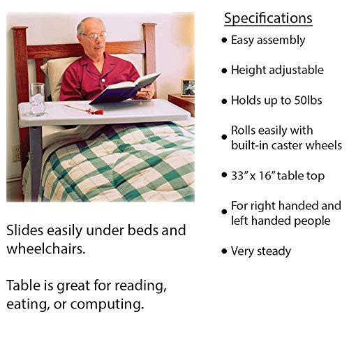 Carex Rolling Overbed Table, Hospital Bed Table, Laptop Tables for Recliner, Bed, Bedside and Sofa, Computer Tables, Hospital Tray, Adjustable with Wheels and Secure Height Adjustment