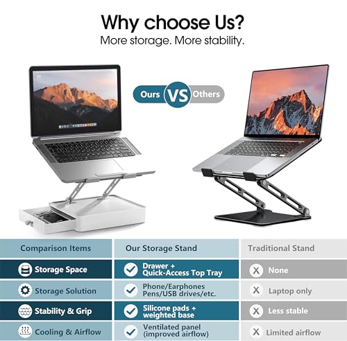 Laptop Stand with Storage Drawer, Heavy-Duty Metal Laptop Riser for Desk, Ergonomic Height & Angle Adjustment for 10–16.2″ Laptops, Silver - color: Silver