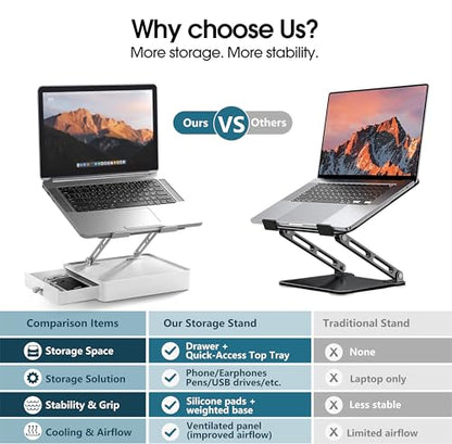 Laptop Stand with Storage Drawer, Heavy-Duty Metal Laptop Riser for Desk, Ergonomic Height & Angle Adjustment for 10–16.2″ Laptops, Silver - color: Silver