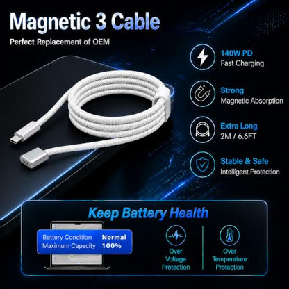 USB-C to Magnetic 3 Cable 6.6FT, 140W Charging Cable Compatible with MacBook Pro (16"/14" 2024/2023/2021), MacBook Air (15"/13" M4 2025, M3 2024, M2 2023, M2 2022) (Silvery)