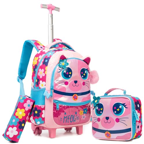 Kids Big-Eyed Cat Rolling Backpack for Girls, School Bags Pink | Trolley Suitcases Luggage Travel with Wheels, Wheeled 3PCS Roller Backpacks Set, Toddler Back Pack, School Bags Elementary - color: Pink-0121-maomi