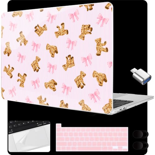 MEEgoodo for MacBook Pro 13 inch Case 2022 2021 2020 A2338 M2/M1 A2251 A2289 with Touch ID,Clear Laptop Hard Shell Cases with Keyboard Webcam Cover&Trackpad Film& Type C Adapter, Bear&Cute Ribbon - color: Bear&Cute Ribbon