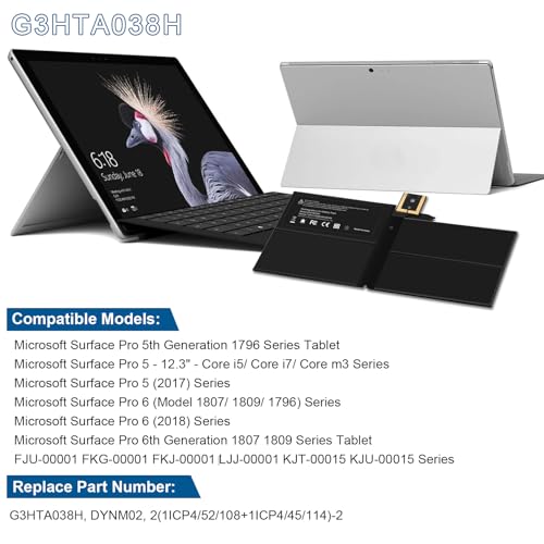 TREE.NB 45Wh G3HTA038H DYNM02 Laptop Battery for Microsoft Surface Pro 5th Gen (Model 1796, 2017), Surface Pro 6 (Model 1807/1809/1796, 2018 Tablet Series) 12.3" 2-in-1 - size: 8.98x3.98x0.12inch G3HTA038H