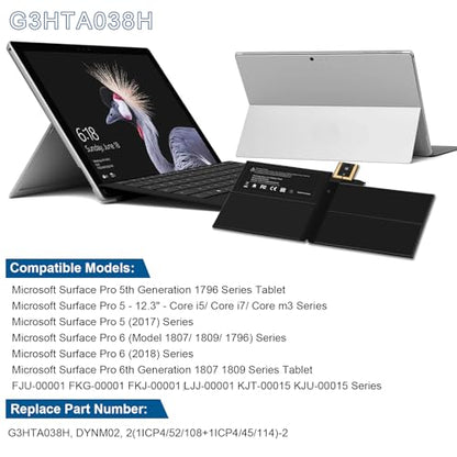 TREE.NB 45Wh G3HTA038H DYNM02 Laptop Battery for Microsoft Surface Pro 5th Gen (Model 1796, 2017), Surface Pro 6 (Model 1807/1809/1796, 2018 Tablet Series) 12.3" 2-in-1 - size: 8.98x3.98x0.12inch G3HTA038H