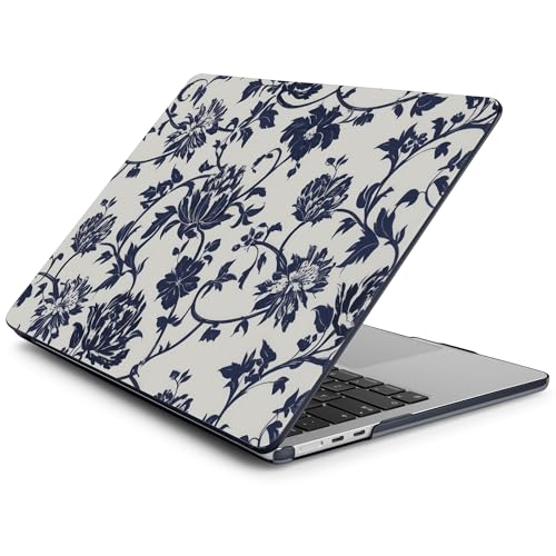 Batianda Case for MacBook Air 15 inch 2026 M5 M4 M3 M2 Chip, Navy Flowers | 4-in-1 set with artistic porcelain vine flower design, lightweight slim hard shell protection for office women and teachers - color: Navy flowers