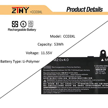 ZTHY 53Wh CC03XL Battery for HP EliteBook 830 835 840 845 G7 G8 Probook 635 | Aero G7 G8 ZBook Firefly 14 G7 G8 Laptop Battery Replacement L77608-2C1 L77608-421 L78555-005 CC03053XL 11.55V 3-Cell - size: 10.43*2.76*0.27 inch CC03XL