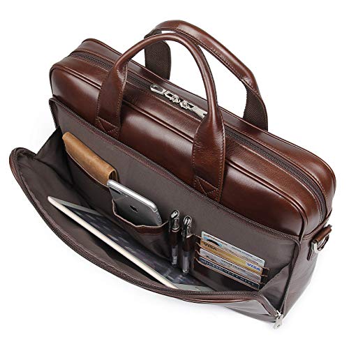 Augus Leather Briefcase for Men, 16 Inch, Full-Grain Leather, YKK Zipper - color: Brown Coffee
