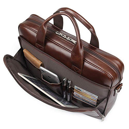 Augus Leather Briefcase for Men, 16 Inch, Full-Grain Leather, YKK Zipper - color: Brown Coffee