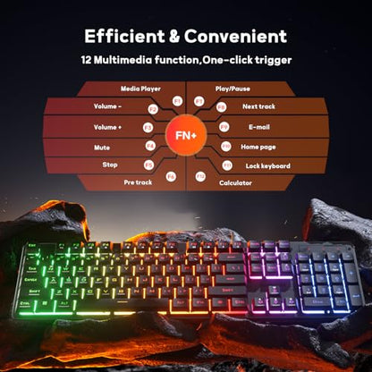 Redragon K521 Upgrade Rainbow LED Gaming Keyboard, 104 Keys Wired Mechanical Feeling Keyboard with Multimedia Keys, One-Touch Backlit, Anti-Ghosting, Compatible with PC, Mac, PS4/5, Xbox - color: Black