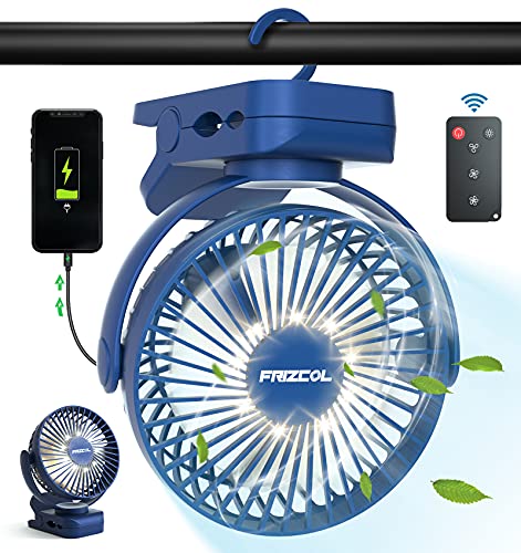 Clip on Fan, 65H Working Time Rechargeable Fan with LED Lights/Remote/Hooks | 12000mAh Battery Powered Fan with Strong Clamp, Small Desk Fan Mini Fans for Tents Travel Outdoor Camping Golf Cart Stroller - color: Dark Blue