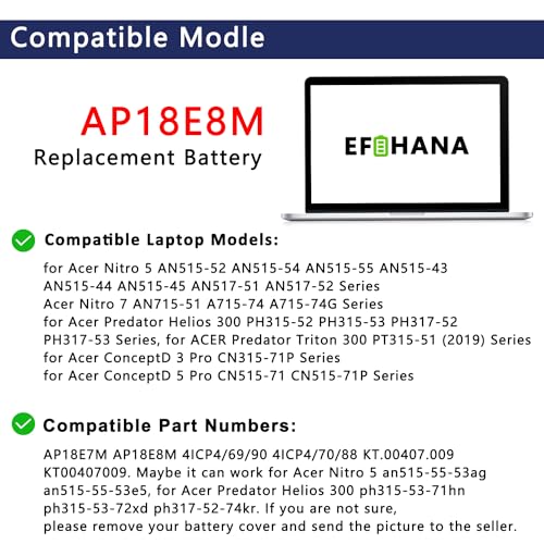 AP18E8M AP18E7M Battery for Acer Nitro 5 AN515-55 AN515-52 AN515-44 AN515-43 AN515-45 AN515-44-R99Q AN517-52 AN517-55 Nitro 7 AN715-51 Aspire 7 A715-74G-7511 Predator Helios 300 PH315-52 PH315-53 - size: 10.08×3.46×0.28 in AP18E8M