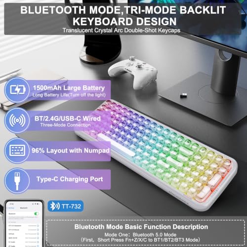 FOPETT Wireless Computer Keyboard with RGB Backlit, Tri-Mode Bluetooth 5.0/USB-C/2.4GHz Ergonomic Gaming Keyboard - Full-Size Rechargeable Transparent Keycap for Laptop/Windows/PC - White - color: 732 White