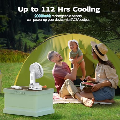 AMACOOL Battery Operated Camping Fan with Light, 20000mAh Rechargeable Clip on Fan with Hook & Digital Display, 112Hrs Running, 9 Speed, 360° Rotation Portable Small Fans for Tent Camping RV Travel - color: White