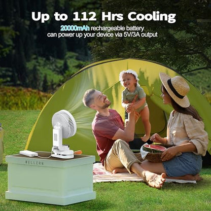 AMACOOL Battery Operated Camping Fan with Light, 20000mAh Rechargeable Clip on Fan with Hook & Digital Display, 112Hrs Running, 9 Speed, 360° Rotation Portable Small Fans for Tent Camping RV Travel - color: White