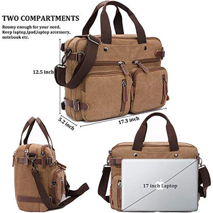 CROCOD 3 In 1 Canvas Convertible Laptop Bag for Men Women, 17.3 inch Laptop Messenger Bag Work Briefcase, Computer Shoulder Bag for Travel Business Office (17.3 Inch, Coffee) - color: Coffee