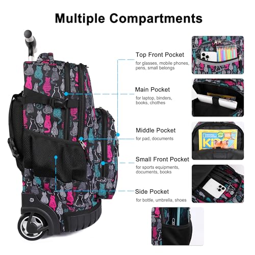 Tilami Rolling Backpack 19 inch with Lunchbox Wheeled Laptop Backpack, Cat Black - color: Cat Black