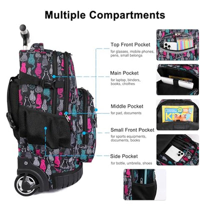 Tilami Rolling Backpack 19 inch with Lunchbox Wheeled Laptop Backpack, Cat Black - color: Cat Black
