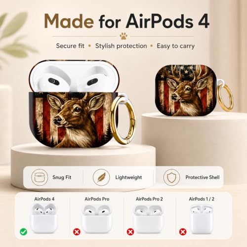 Compatible with AirPod 4 Case 2024, Cute Hard Plastic Protective Cover for Airpod 4th Generation Women, Shockproof Shell Skin with Gold Ring Keychain,American Flag Deer Forest - color: American Flag Deer Forest